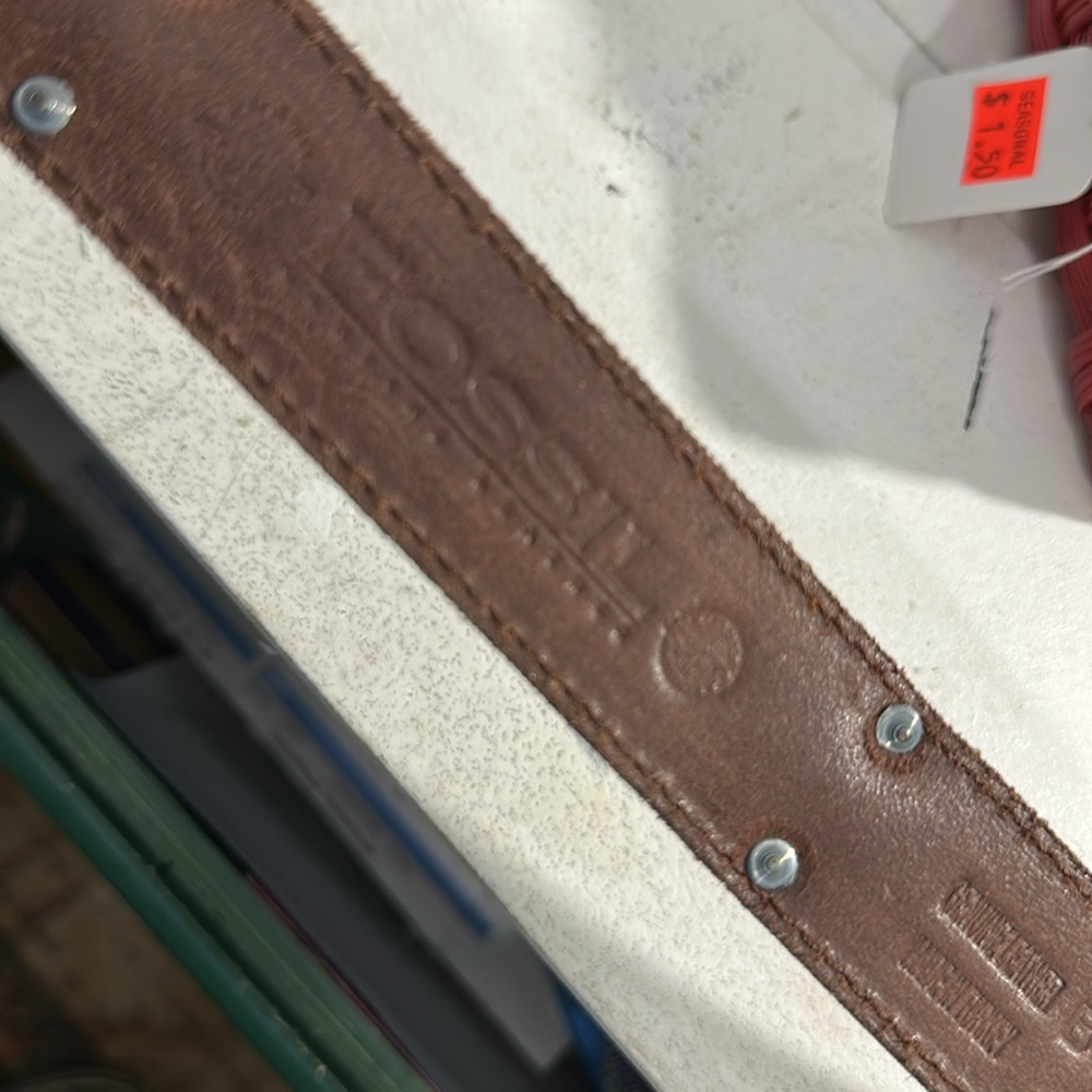 Fossil vintage leather belt color blocked Brown /burgandy/tan brass fittings - Picture 7 of 8